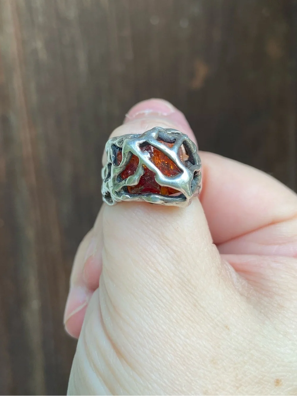 Sterling Silver Amber Brutalist Ring - Vintage